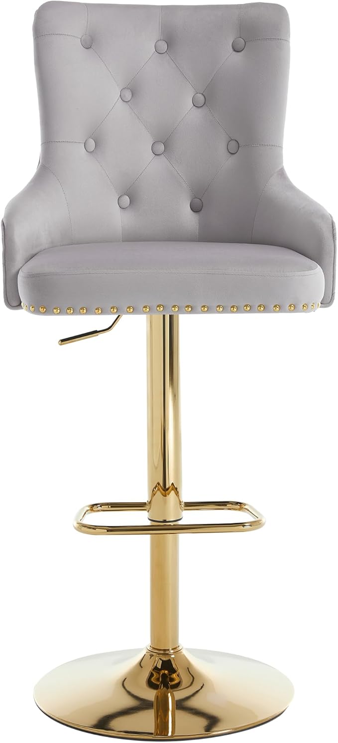Velvet Gold Barstools Set of 2, Modern Counter Height Adjustable Swivel Stools Chairs with High Tufted Backrest Golden Base Lion Head Pull Ring Rivet Trim for Kitchen (Grey)