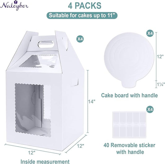 Tall Cake Boxes for Tier Cakes with Cake Boards 4 Pack 12x12x14 Inch Large Tiered Cake Carrier Containers with Window for Wedding Birthday Bakery