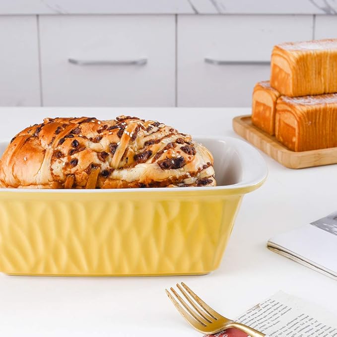 Ceramic Loaf Pan for Baking Bread, 9 x 5 inch Bread Pan, Rectangular Bread Loaf Pan, Ceramic Bakeware for Cooking, Home Kitchen, Bread Baking Pan Texture Series (Yellow)