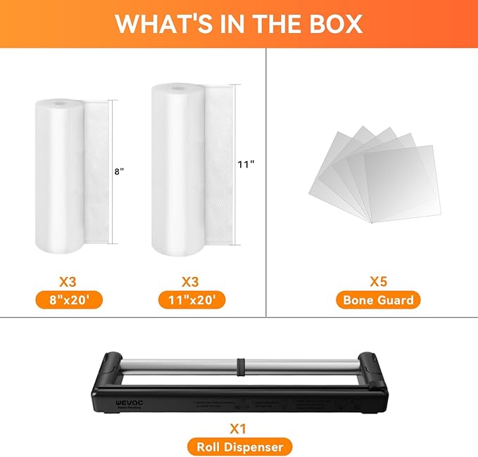 Rolls with Dispenser - 6 Pack 3 Rolls 11"x20' & 3 Rolls 8"x20', Vacuum Sealer Bags, Leakproof Heavy Duty Food Storage for Sous Vide, Meal Prep, Freezer, Compatible with Food Saver, Wevac Core