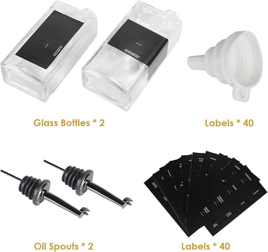 OKYUK Olive Oil Dispenser Bottle for Kitchen Cooking, 16.9oz/500ml Soy Sauce Coffee Syrup Oil and Vinegar Dispenser Set, with Silicone Funnel, Labels (2PCS, Black)