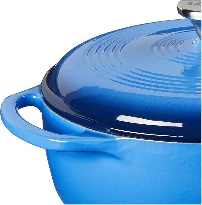 Lodge 4.5 Quart Enameled Cast Iron Dutch Oven with Lid – Dual Handles – Oven Safe up to 500° F or on Stovetop - Use to Marinate, Cook, Bake, Refrigerate and Serve – Caribbean Blue