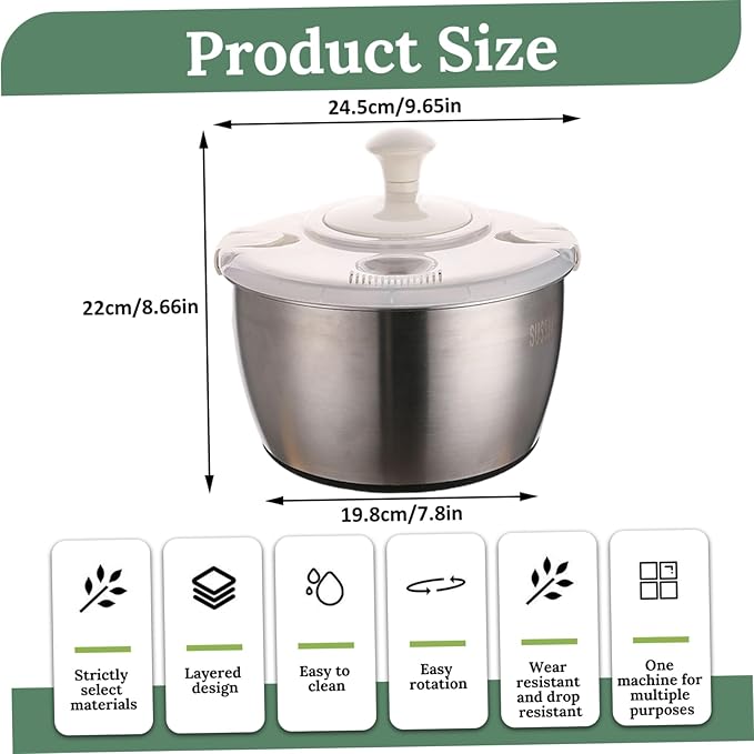 Salad Spinner 5L Dual Layer Stainless Steel & PP Lettuce Spinner with Lid & Rotating Handle Multi-Purpose Quick Dry Fruit and Vegetable Wash for Kitchen, Salad, Lettuce