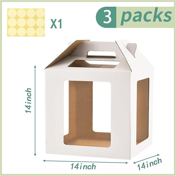 XININSUN 3 Pack Tall Cake Boxes for Tier Cake with 6 windows 14X14x14 Inch cake transport container,Bakery Take Out Transport Containers Tall Cake Carrier with Handle for Wedding, Birthday, Party