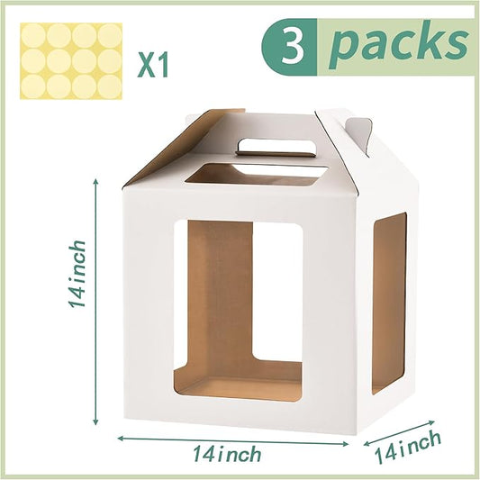 XININSUN 3 Pack Tall Cake Boxes for Tier Cake with 6 windows 14X14x14 Inch cake transport container,Bakery Take Out Transport Containers Tall Cake Carrier with Handle for Wedding, Birthday, Party