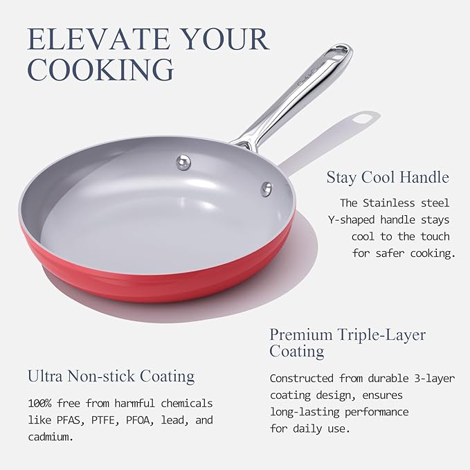 Nonstick Ceramic Frying Pan 8" for All Cooktops, PTFE/PFOA/PFAS Free, Even Heat Distribution Oven Safe to 500ยฐF, Healthy Non Toxic Skillet w/Ergonomic Stainless Steel Handle, Fusion Red