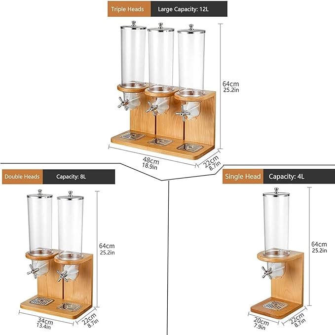 Dry Food Dispenser Countertop Cereal Container Storage Easy Clean Cereal Dispenser with PC Bucket and Wooden Base, Three Barrel