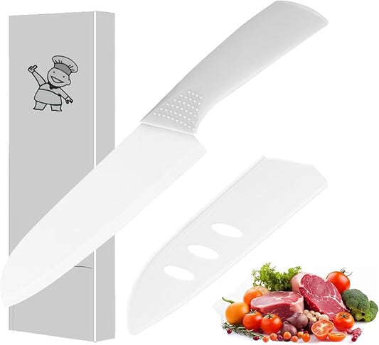 Ceramic Santoku Knife 7 Inch - High-Precision Blade for Meats, Fruits, and Vegetables - Durable Ceramic Blade with Protective Sheath - Sky Grey