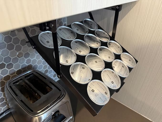 16 Pod - Under Cabinet Coffee Capsule and pod Holder – Space-Saving Hinge Hanging, Magnet Steel Construction Organizer for Small Spaces – Black