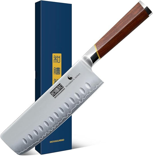 Nakiri Knife 7 Inch, Hand Forged Japanese High-corbon Steel Chef Knife, Multipurpose Meat and Vegetable Kitchen Knife with Red Sandal Wooden Handle & Gift Box