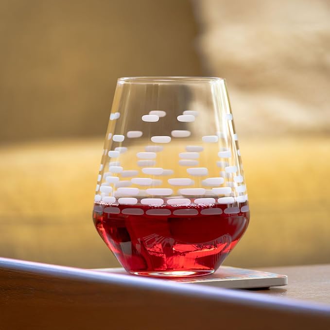 Rolf Glass Strata Stemless Wine Tumbler | Made in America | 18oz Stemless Wine Glass | Diamond Engraved Crystal Glass | Geometric Brick Design | Set of 2