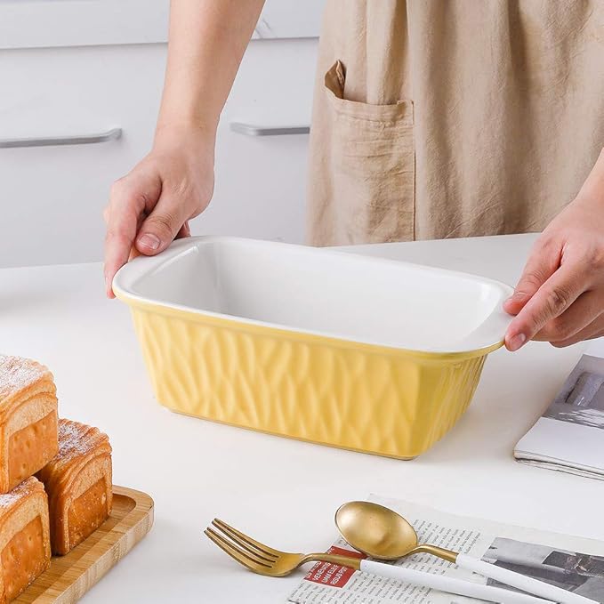 Ceramic Loaf Pan for Baking Bread, 9 x 5 inch Bread Pan, Rectangular Bread Loaf Pan, Ceramic Bakeware for Cooking, Home Kitchen, Bread Baking Pan Texture Series (Yellow)