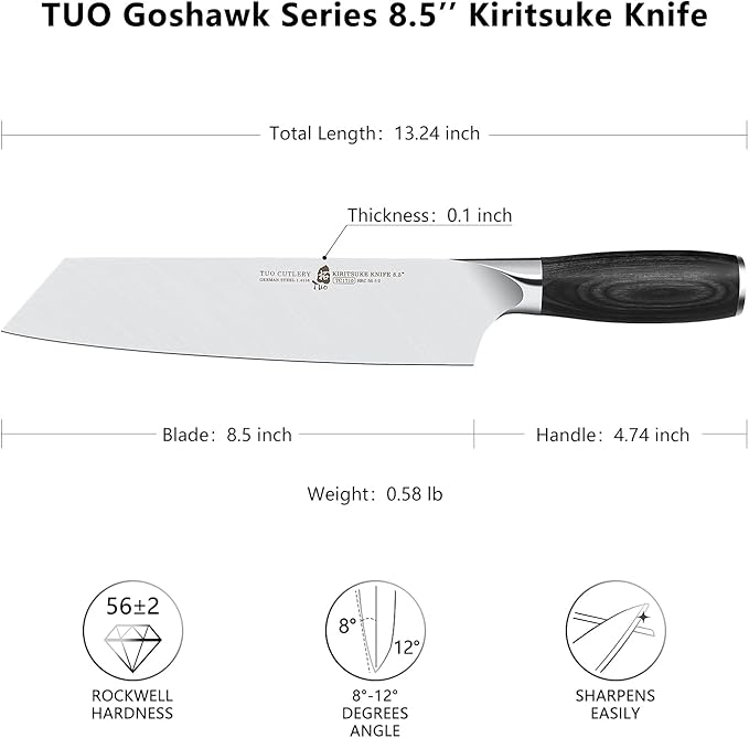 TUO Kiritsuke Knife, Japanese Chef Knife Vegetable Cleaver 8.5 inch, German HC Stainless Steel, Ergonomic Pakkawood Handle with Black Gift Box, Goshawk Series