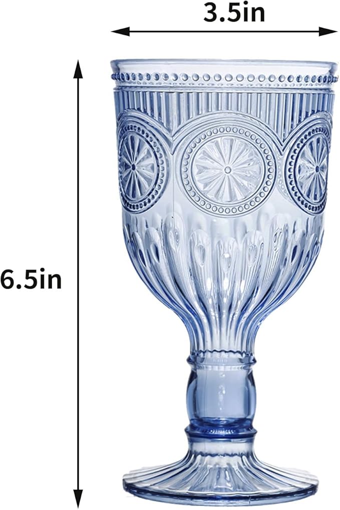 12 Pack Vintage Wine Glasses, Plastic Reusable 12 Ounce Colored Water Goblets, Unique Flower Embossed Pattern Unbreakable Stemmed Wine Glasses High Clear Wedding Party Bar Drinking Cups Blue