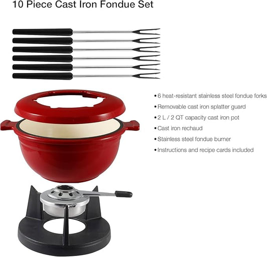 Swissmar Lucerne 10-Piece Cast Iron Fondue Set - Ideal for Melting Cheese, Chocolate, & More - Perfect for Kitchen Collection & Wedding Gift Giving - 2 Liter / 2 Quart - Red