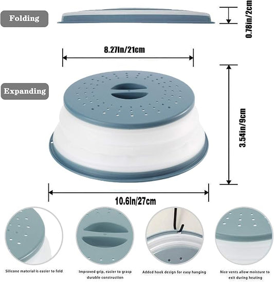 WENWELL Vented Collapsible Microwave Splatter Cover for Food,Kitchen Gadget dish bowl Plate Proof lid Can be Hung,Dishwasher-Safe,BPA-Free Silicone & Plastic,10.5 inchs,gray