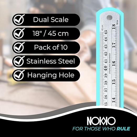 NOKKO Metal Ruler 18 Inch - Pack of 10 - Stainless Steel Ruler Set with Straight Edge Rulers - Precise Metric & Imperial Measurements - Ideal for School, Office, Woodworking & Craft Projects