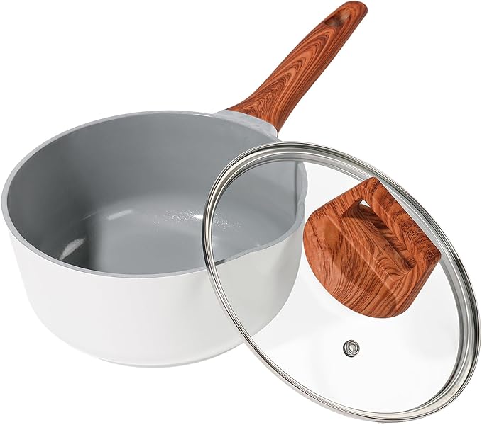 2 Quart Nonstick Sauce pan with Lid, Ceramic Sauce Pot for Cooking with Pour Spout, Small Cooking Pot with Handle for Stove, Induction, Gas, Non Toxic, PFOA Free (White, 1 PCS)