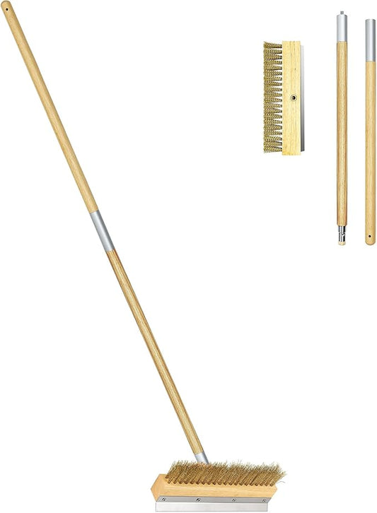 Pizza Oven Brush 41-Inch Long Wood Handle Brass Bristles with Steel Scraper, Outdoor Pizza Oven Accessories