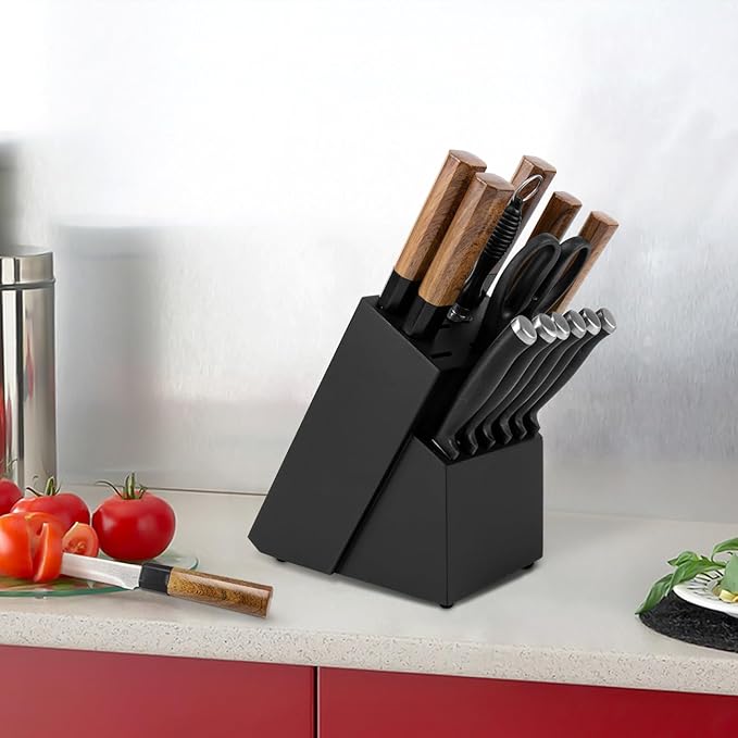 RedCall Universal Knife Block Holder,Large Wood Bamboo Knife Block without Knives,14 Slot Universal Knife Holder Countertop,Butcher Block Knife Storage Organizer for Kitchen (Black)