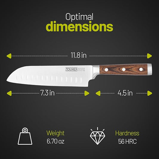 ZOLMER® Santoku Knife 7 Inch Blade – Extra Sharp Japanese Chef Knife – All-Purpose Kitchen Tool with German Wood Handle for Precision Cutting