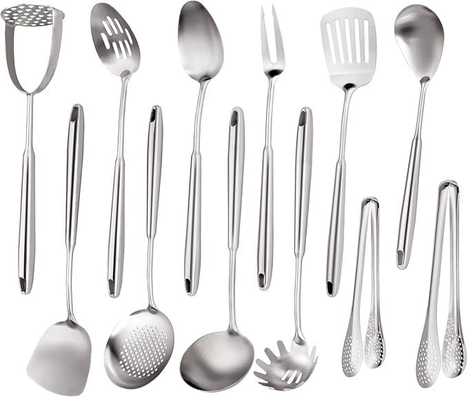 18/10 Stainless Steel Kitchen Utensils Set, 304 Stainless Steel Utensil, 12 PCS Large Metal Cooking Utensil Tools Set