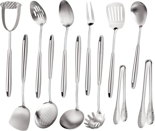 18/10 Stainless Steel Kitchen Utensils Set, 304 Stainless Steel Utensil, 12 PCS Large Metal Cooking Utensil Tools Set