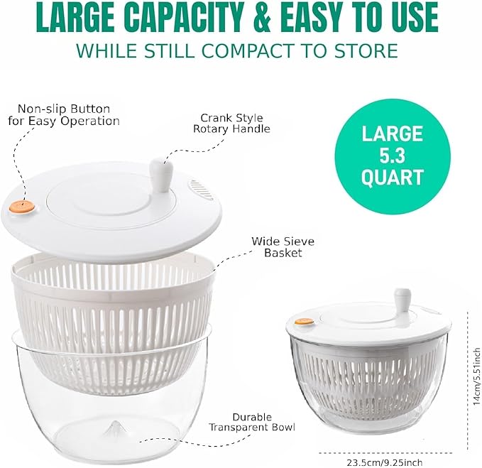 Large Salad Spinner and Slicer - 5.3 Qt, Grater with Container and Lid & Kitchen Gadget set, Vegetable Dryer Grater, with Fruits Wash Bowl, with Slicer and Shredder (Ivory White)