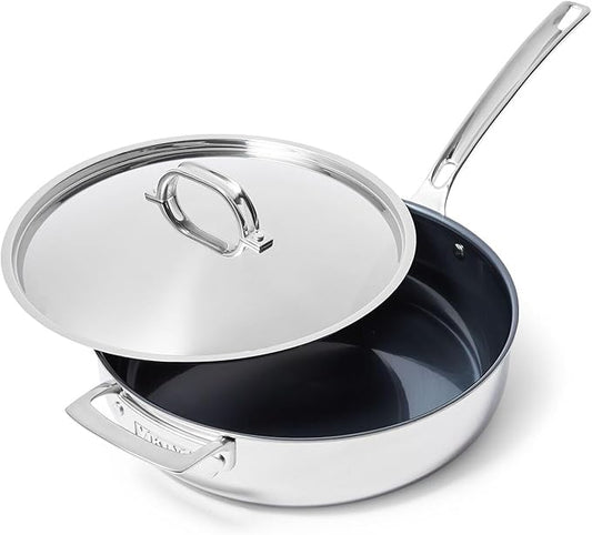 Viking 4-Ply Deep Frying Pan with Lid, 4.5 Quart Laser Clad Titanium Performance Ti Saute Cooking Pot, Dishwasher and Oven Safe, Induction Ready, Blue/Silver