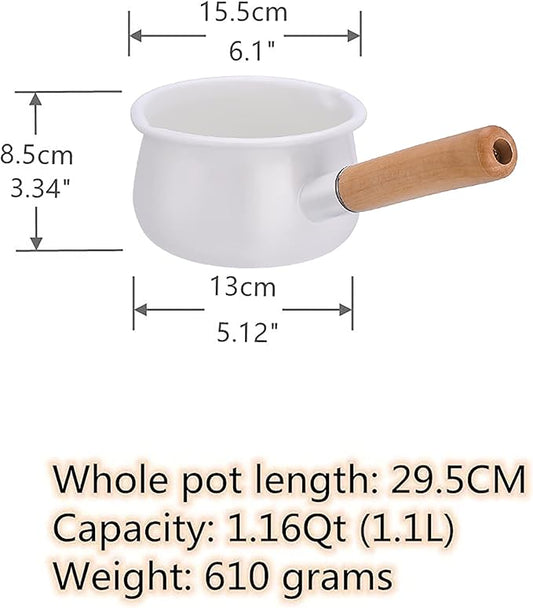 Enamel Milk Pan with Dual Pour Spout Butter Warmer Milk Pot for Stove Top Healthy White Enameled Inside Coating Iron 1QT Small Soup Pot with Wooden Handle (White)