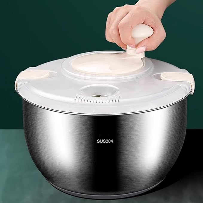 6L Stainless Steel Salad Spinner, Vegetable and Fruit Washer, Lettuce Dryer with Quick Spin and PP Lid – Multifunctional Kitchen Tool for Pasta and Fries