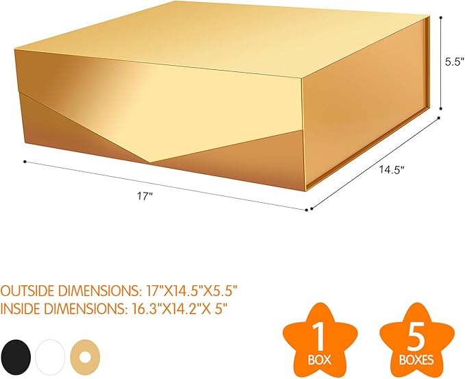 5 Extra Large Gift Boxes with Lids, 16.3x14.2x5 Inches, Gold, Bridesmaid, Christmas Magnetic Gift Boxes for Clothes and Large Gifts