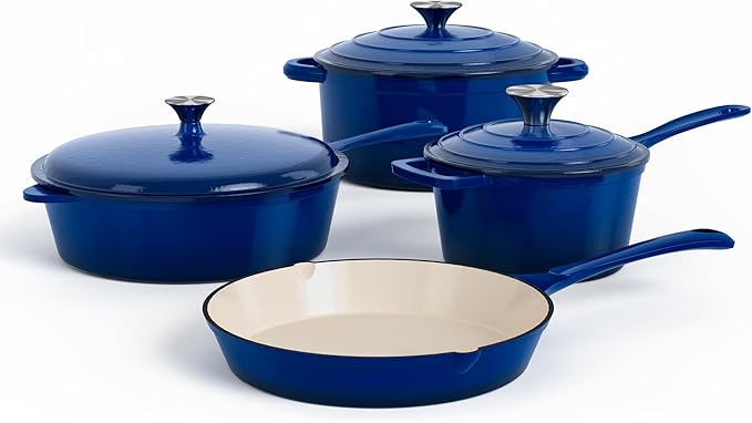 DishDelight Enameled Cast Iron Cookware Set, 7 Piece Set of Dutch Ovens, Sauce Pan, Skillet, 3 Lids, Ceramic Coated Cast Iron Dutch Oven Set, Round Dutch Oven Pot for Sourdough Bread Baking๏ผBlue