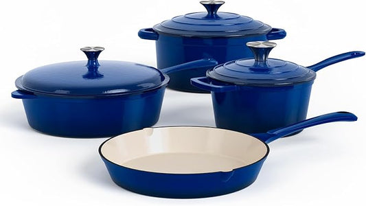 DishDelight Enameled Cast Iron Cookware Set, 7 Piece Set of Dutch Ovens, Sauce Pan, Skillet, 3 Lids, Ceramic Coated Cast Iron Dutch Oven Set, Round Dutch Oven Pot for Sourdough Bread Baking,Blue