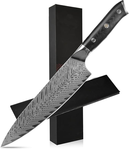 Arisman 8 Inch Chef Knife, Japanese Damascus Steel Chef Knife, Sharp VG10 Kitchen Slicing Knife with Feather Pattern Blade and Full Tang Ergonomic G10 Handle