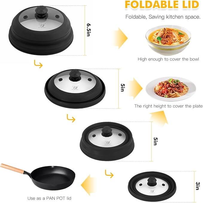 Microwave Splatter Cover Vented Glass Splatter Guard Lid with Collapsible Silicone for Food as Pot Cover 11.8 inch Large Plate for 6 7 8 9 10 11 inch Plate Bowl Black