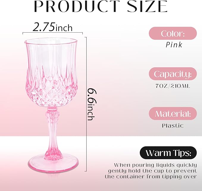 12 Pcs Pink Plastic Wine Glasses, Plastic Goblets Vintage Style Cordial Glasses Drinking Glasses Pink Goblets For Home, Office, Bars, Wedding, Ribbed (7 oz)