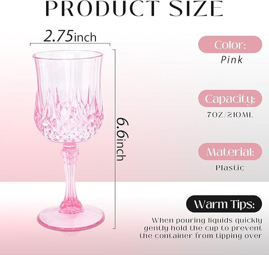 12 Pcs Pink Plastic Wine Glasses, Plastic Goblets Vintage Style Cordial Glasses Drinking Glasses Pink Goblets For Home, Office, Bars, Wedding, Ribbed (7 oz)