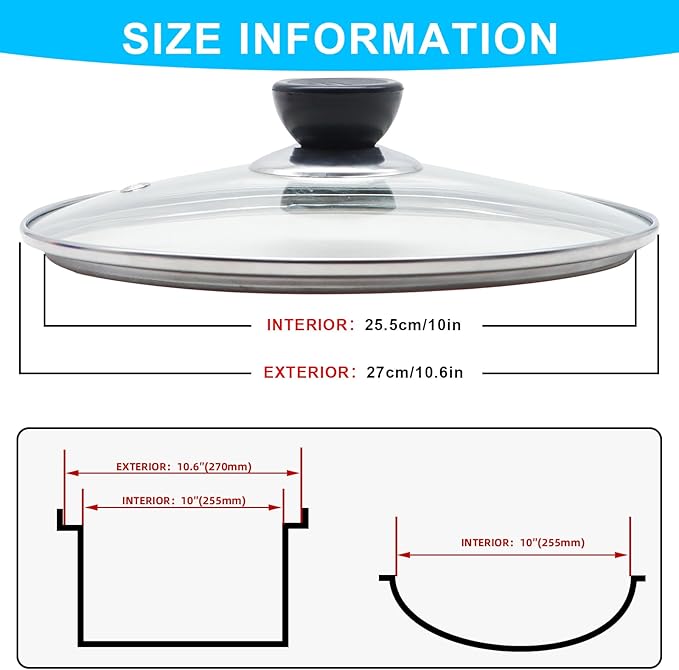 10.25 Inch Glass Lid for Frying Pan Tempered Glass Pot Lid with Stainless Steel Rim for 10.25 Inch Frying Pan Wok Pot Skillet (10.25 Inch)