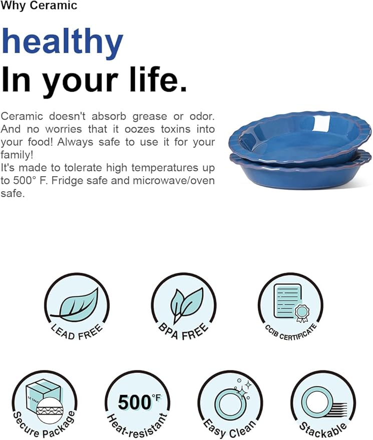 LE TAUCI Ceramic Pie Dish for Baking, 9 Inches Pie Pan for Apple Pie, Pecan Pie, 36 Ounce Pie Plate, Set of 2, Ceylon Blue