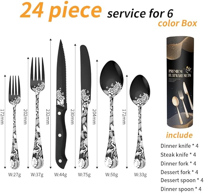 Premium 24 Piece Western Pattern Steak Knife,Fork and Spoon Set,Set for 4,Stainless Steel Cutlery Set with Gift-Ready Box,Dishwasher Safe, Ergonomic Design (Black)