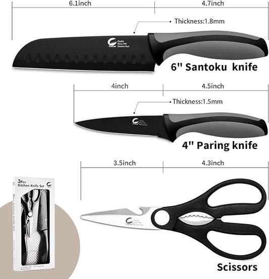 Kitchen Knife, 3-Pcs Black Knives Set with Multifunctional Kitchen Scissors, 6'' Santoku and 4'' Paring Knife for Chef Paring Cutting Slicing Dishwasher Safe (Anti-Slip Handle)