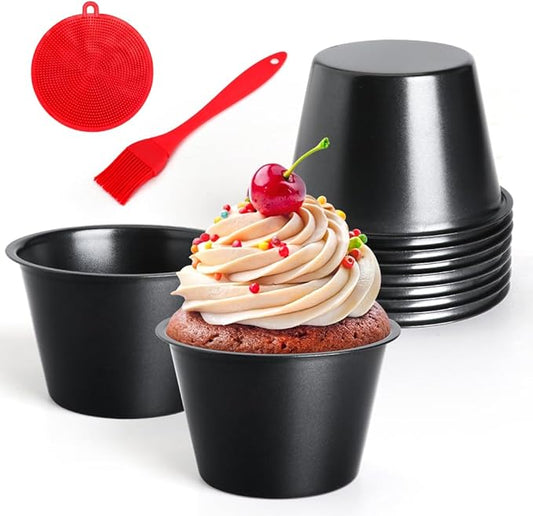10 Pcs Nonstick Popover Pan, Individual Muffin Cupcake Pan Carbon Steel Pudding Cups with Oil & Dish Brush, Chocolate Molten Mould for Muffins, Quiches, Pudding Cakes, Frittatas(3.5"x2.2")
