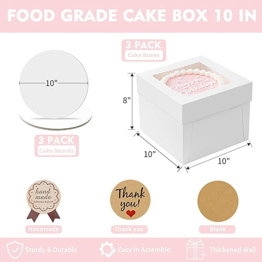 3 Pack Cake Boxes, 10x10x8 Inches Tall Cake Box with Cake Boards, White Bakery Boxes with Window, Disposable Cake Containers with Lids for Cake, Donuts, Pies, Cookies, Wedding, Birthday, Party