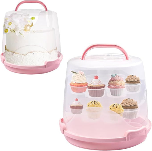 Cake Carrier Round Cake Stand Plus Height Cake Container with Cupcakes Pad, Handle, Lid Reusable Package Box for Transporting Desserts,Pie,Toast,Fruit (10" Pink)