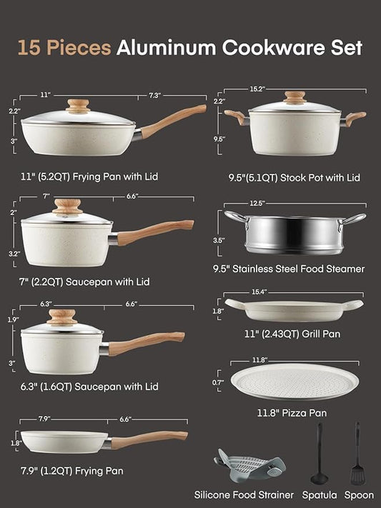 FOHERE Pots and Pans Set with Lids 15 PCS, Aluminum Nonstick Induction Cookware Sets, with Frying Pans, Saucepans, Stock Pot, Pizza Pan, Griddle Pan, and Food Steamer, Silicone Food Strainer, White