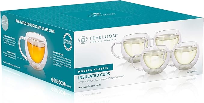 Teabloom Modern Classic Insulated Cups – 6 oz / 200 ml – Set of 4 Double Walled Glass Cups for Tea or Espresso