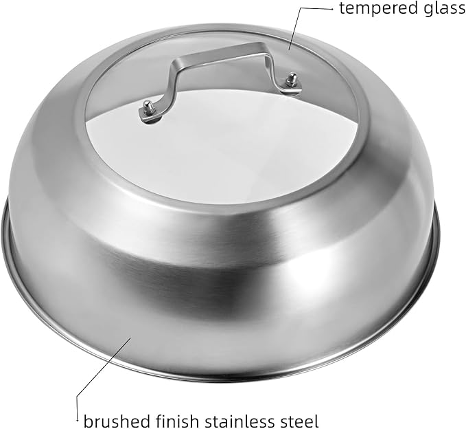 12.75 Inch Stainless Steel Basting Cover, Melting Dome for Griddle Cooking, Round Steaming Cover Lid with Tempered Glass Top and Steam Holes, Dishwasher Safe (12.75")