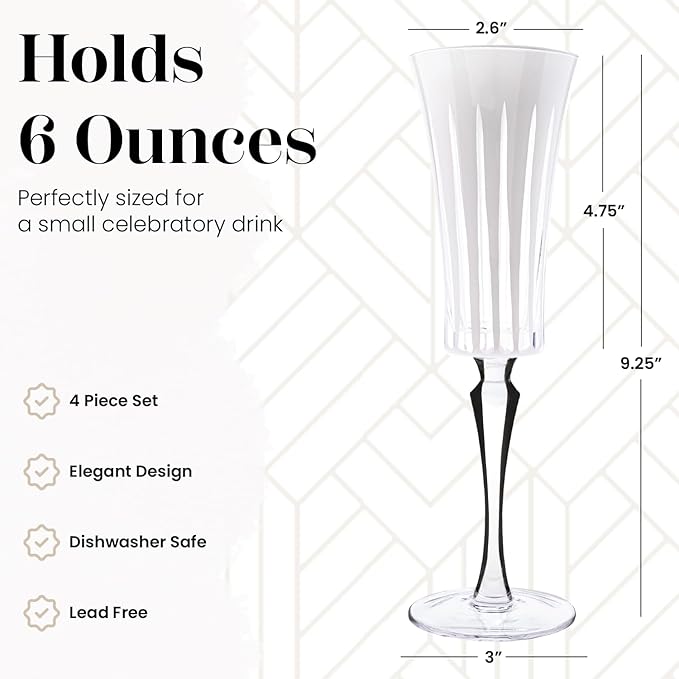 Vikko Champagne Flutes, Timeless Collection 6 Ounce Elegant Wine Glass for Fine Dining, Set of 4 White Goblets with Stem, Dishwasher Safe
