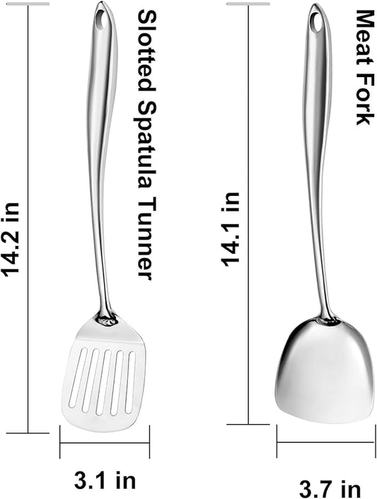 304 Stainless Steel Spatula Set, 2pcs Heavy Duty Metal Kitchen Utensils Set for Cooking,Wok Kitchen Tools Set Come with Slotted Turner & Spatula